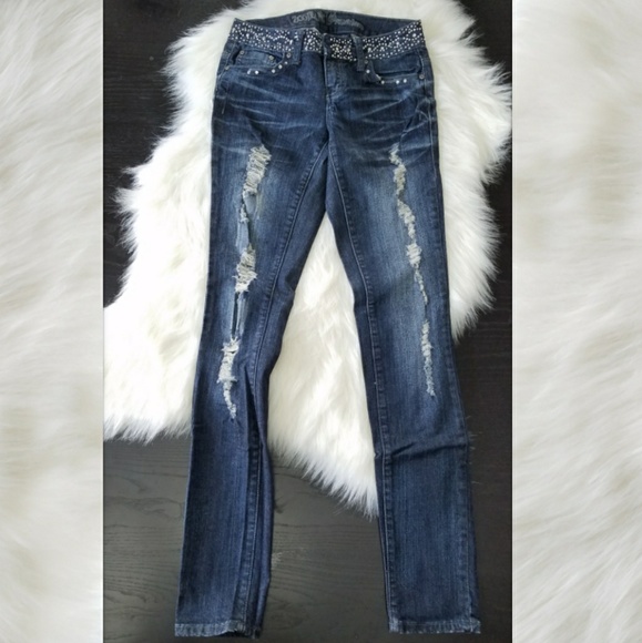 Skinny Dark Wash Ripped Jeans with Rhinestones - Picture 3 of 8